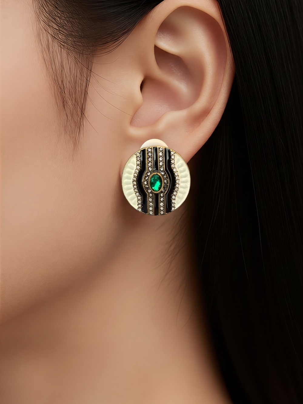 Emerald Accent Round Statement Earrings - Green & Gold